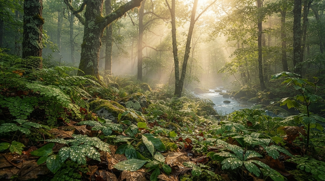 Sunlit forest floor