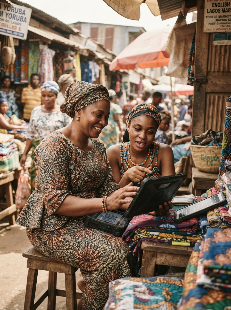 Nigerian market vendors reviewing a rugged tablet together