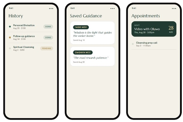 OTSAT app screens: history, saved guidance, and appointments