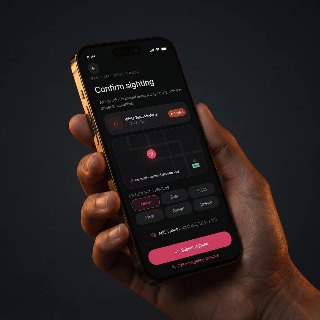 Trackr app UI held in hand, confirming a stolen-vehicle sighting